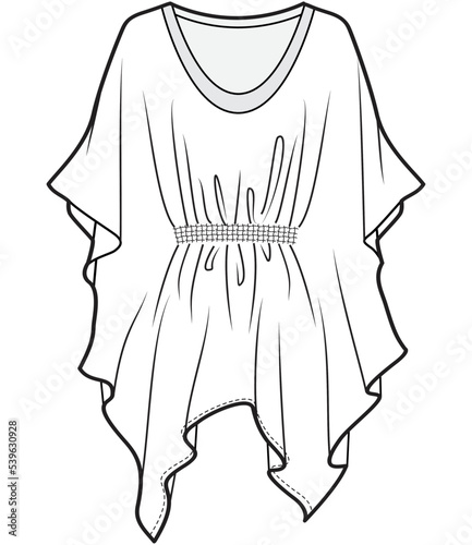 womens kaftan top with gathered waist fashion flat sketch vector illustration photo