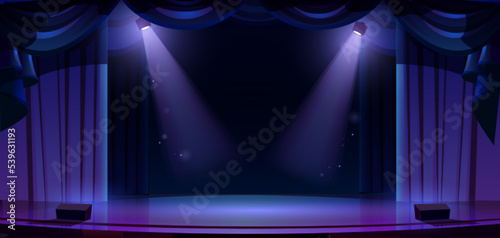 Dark theater stage with spotlights, curtains and empty space for text. Theatre interior, empty scene with luxury velvet drapes and decoration, music hall, opera, drama, Cartoon vector background