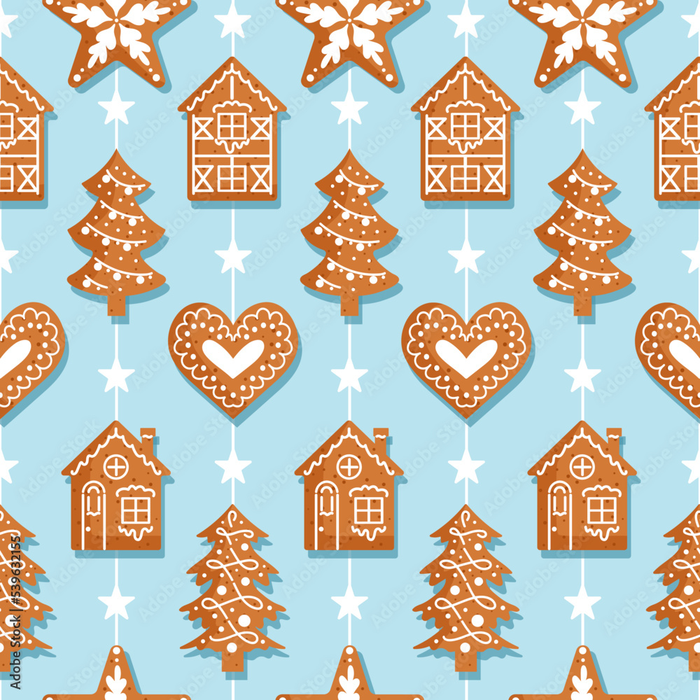 Gingerbread garland decorated with icing lie. Christmas seamless pattern. traditional cookies. Houses, snowflakes, stars and hearts. For wallpaper, printing on fabric, wrapping.