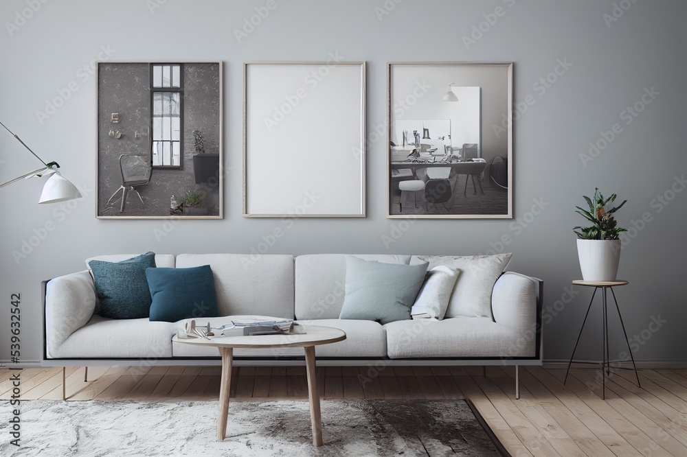 Obraz premium mock up poster frame in modern interior background, living room, Scandinavian style, 3D render, 3D illustration