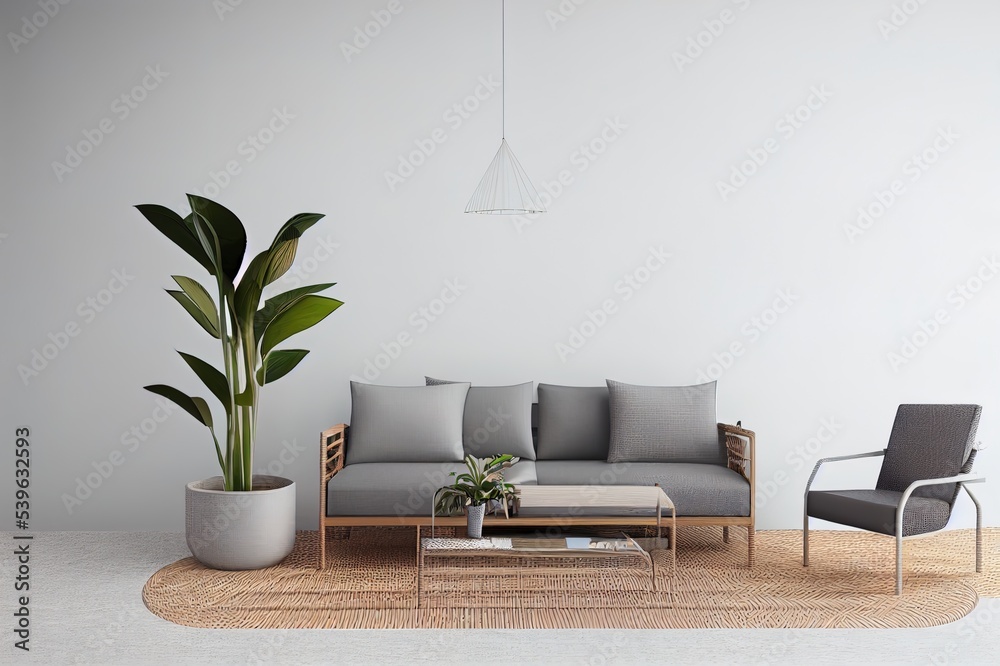 interior design for living area or reception with , rattan armchair,plants,cabinet on wood floor and concrete background 3d illustration,3d rendering interior design for living area or reception with , rattan armchair,plants,cabinet on wood floor and concrete background 3d illustration,3d rendering