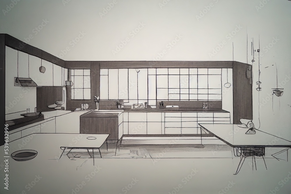 Naklejka premium Interior sketch of modern kitchen with island.