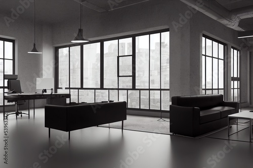 Frame mockup in modern industrial interior with leather furniture, luxury office, 3d render