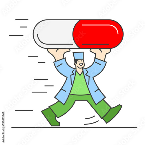 A doctor in a green uniform and white coat hurriedly raises a large red-white pill over his head to heal his patients