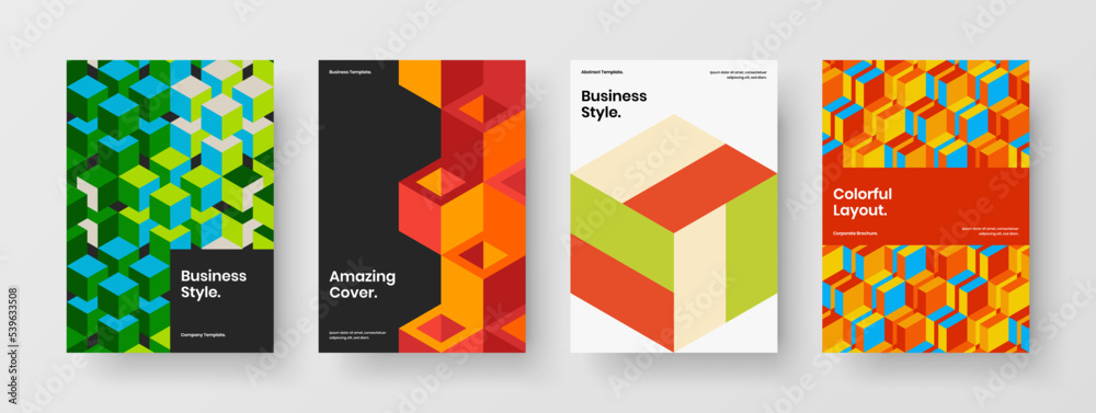 Premium company cover A4 design vector concept bundle. Fresh geometric hexagons corporate brochure template set.