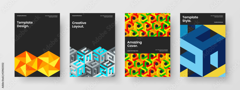 Trendy company brochure vector design concept composition. Vivid geometric tiles book cover template bundle.