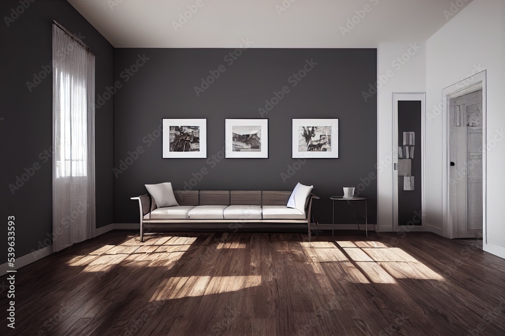 Obraz premium Vintage Modern interior of living room, empty room, dark gray wall and wood flooring ,3d rendering
