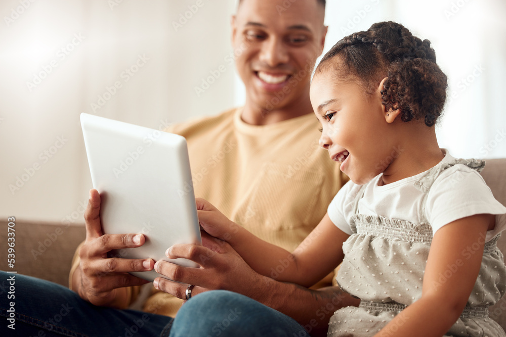 Children, tablet and family with a girl and father watching movies online together in the home. Kids, technology and entertainment with a man and daughter streaming a subscription service in a house Children, tablet and family with a girl and father watching movies online together in the home. Kids, technology and entertainment with a man and daughter streaming a subscription service in a house