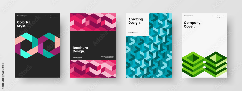 Colorful geometric pattern flyer illustration collection. Abstract magazine cover A4 vector design concept set.