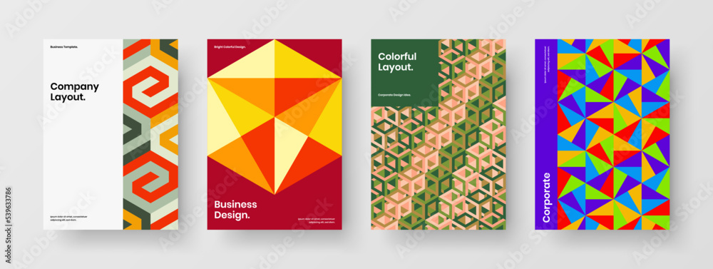 Vivid postcard A4 vector design template composition. Trendy geometric hexagons book cover concept collection.