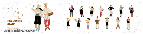 Set of restaurant staff, cafe employees team chef, waiter, manager and barista diverse characters wear uniform with trays and meals isolated on white background Cartoon linear flat vector illustration