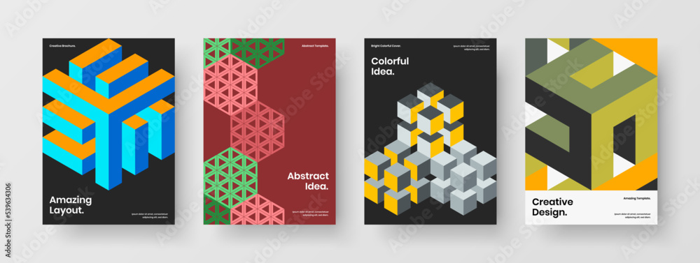 Original catalog cover vector design template set. Simple mosaic hexagons poster illustration collection.