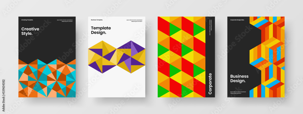 Bright geometric hexagons banner illustration bundle. Isolated annual report vector design template composition.