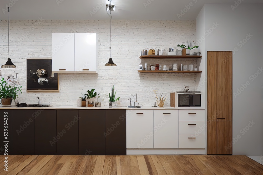 Corner of stylish kitchen with white and brick walls, wooden floor ...