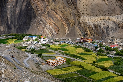 Aerial view of Kagbeni village with green fields along Jomsom Trail, Nepal photo