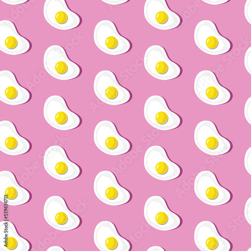 Seamless pattern scrambled eggs on a pink background. Appetizing vector illustration of repeating scrambled eggs. Simple illustrations of scrambled eggs for packaging design, postcards.