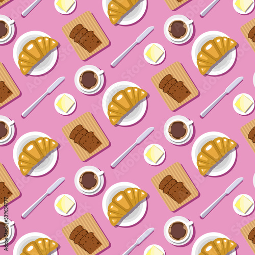 Seamless breakfast pattern on a pink background. Appetizing vector illustrations of coffee, croissant, butter, bread. Simple breakfast illustrations for packaging design, postcards.