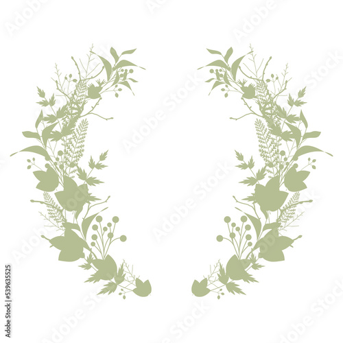 Floral round wreath, herb crown. With twigs, sprigs, branches, berries and blades of grass. Boho style with
