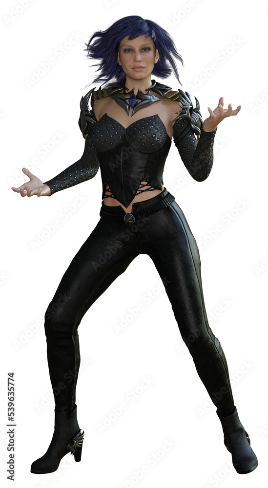 3D rendered beautiful brunette female with magical hand poses on transparent background wearing black leather outfit - 3D Illustration 3D rendered beautiful brunette female with magical hand poses on transparent background wearing black leather outfit - 3D Illustration