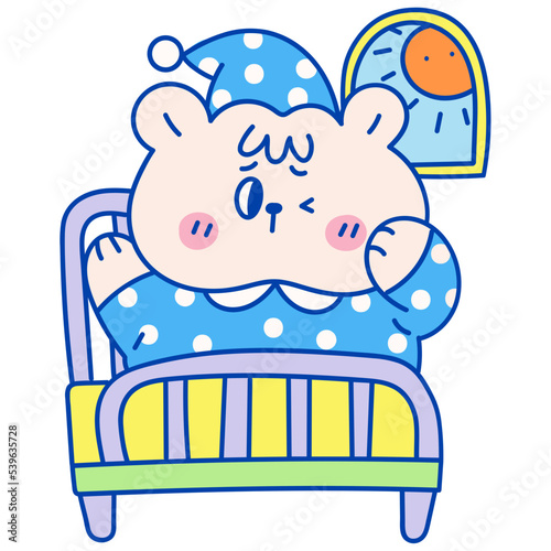 Cute bear waking up tired hand drawn illustration in cartoon design
