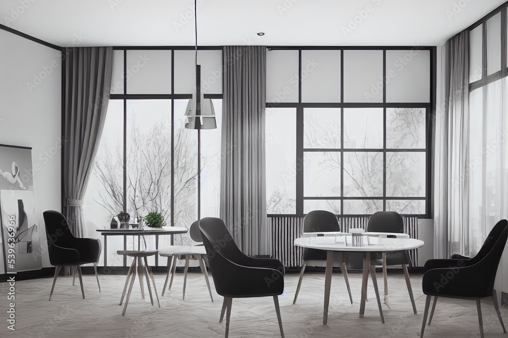 Stylish living room interior with chairs and dining table, front view ...