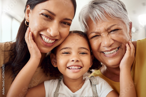 Happy mom with child, grandmother smile for portrait and young girls family in Mexico home together. Senior woman generation with elderly face, international womens day and mothers day love