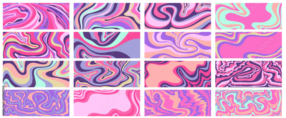 Wave y2k background set for retro design. Liquid groovy marble pink  background. Purple y2k pattern in modern style pink. Psychedelic retro wave  wallpaper Stock Vector