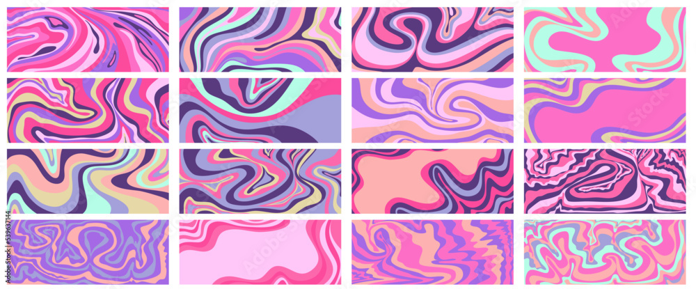 Wave y2k background set for retro design. Liquid groovy marble