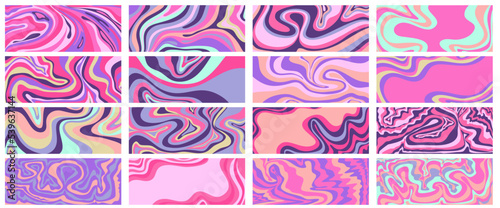 Wave y2k background set for retro design. Liquid groovy marble pink background. Purple y2k pattern in modern style pink. Psychedelic retro wave wallpaper