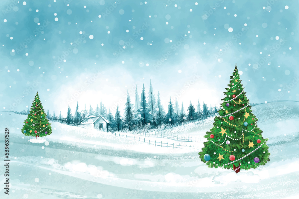 Impressive christmas trees in winter landscape with snow card background