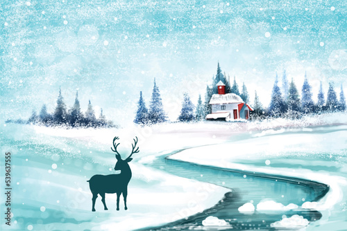 Winter landscape with falling christmas snow and tree holiday card background © Harryarts