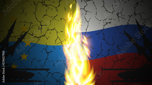 Vector fiery column of flame in the center on the background of the flags of Ukraine and Russia with cracks and silhouettes of tanks and missiles