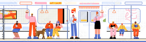 People inside of train or subway. Men, women and kids reading book, listen music, sit and stand with pets in metro wagon. Underground railway commuter with passengers, Linear flat vector illustration
