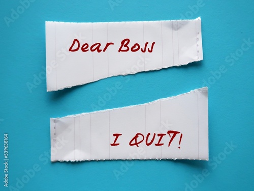 Torn paper on blue background with handwritten text DEAR BOSS I QUIT, concept of decision making to leave job, to quit working full time corporate job, or the great resignation phenomenon