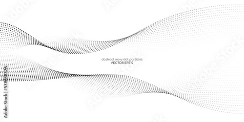 Flowing dots particles wave pattern halftone gradient curve shape isolated on white background. Vector in concept of technology, science, music, modern.