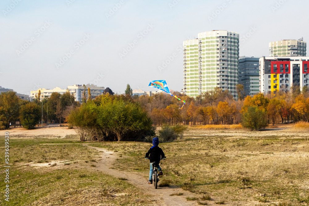 a boy rides a bicycle with a kite a boy rides a bicycle with a kite