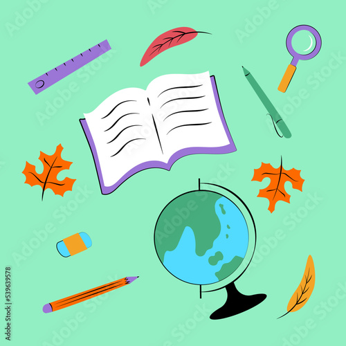 Back to school. Set elements globe, pen, notebook, book, eraser, pencil. Objects for education and home study. Vector