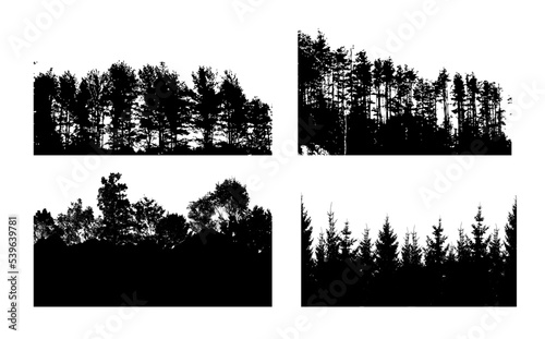 Spruce forest silhouette. Set landscapes skyline monochrome. Vector illustration