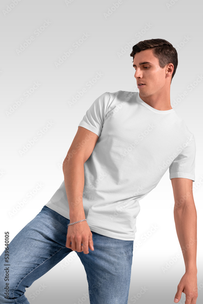 Men white t-shirt mockup with model white background Men white t-shirt mockup with model white background