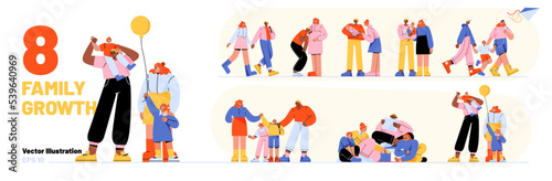 Family development stages, life cycle, kids growth process. Couple in love, pregnancy, children birth. Happy parents with son and daughter at different ages, vector flat illustration