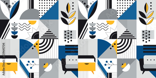Abstract Seamless Pattern with Geometric Shapes and Home decor elements. Vector illustration