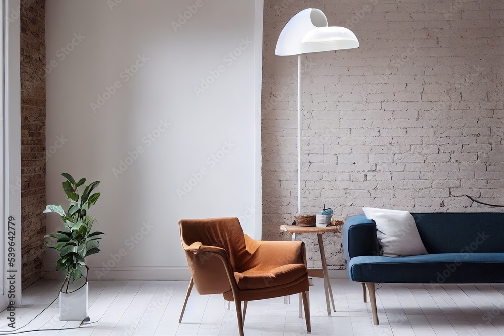 Fototapeta premium White regale with home decorations, standing lamp and modern chair standing in light room with brick wall design