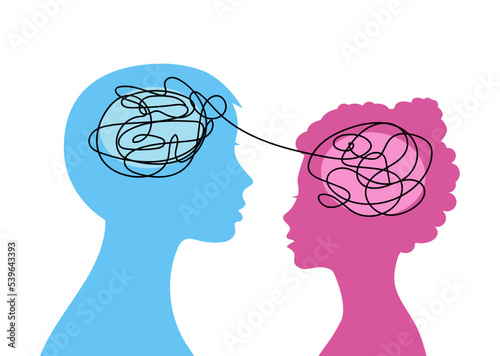Vector illustration. A man and a woman do not understand each other.
 Two people have a misunderstanding in a relationship.
