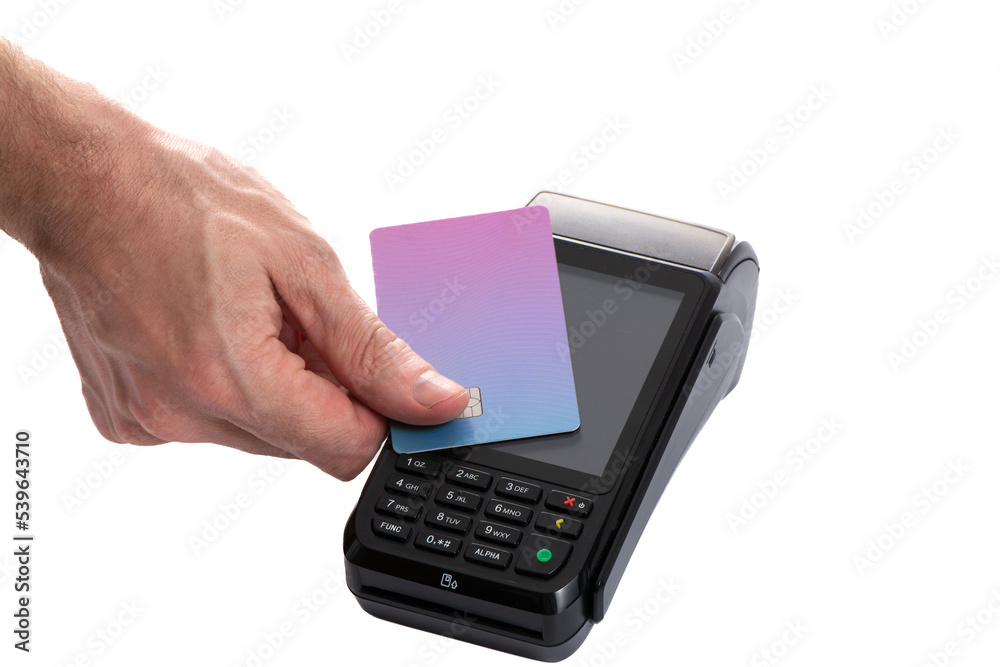 Attached plastic card to the payment terminal with a man's hand on a white isolated background, copy space Attached plastic card to the payment terminal with a man's hand on a white isolated background, copy space