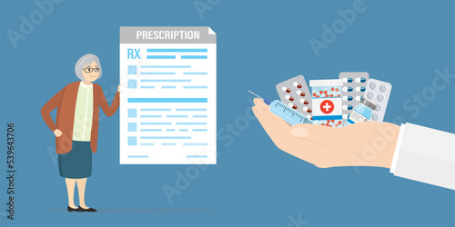 Pharmacist hand holds various pills. Medical staff gives kit of medicines. Old woman holds prescription for buying medical drugs. Health care, retirement. Pharmacy, treatment.