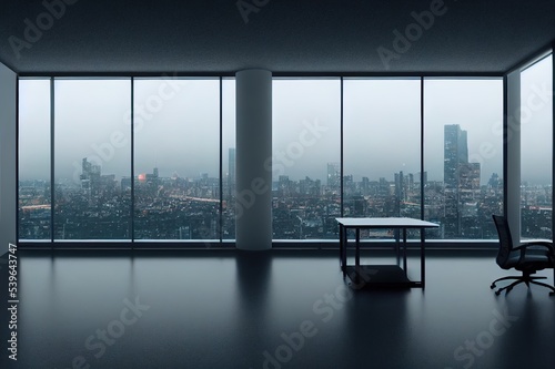 Office room with blank computer display,table,chair,cement floor,glass walls with night city view. Mixed media .