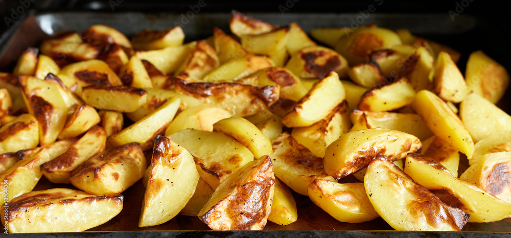 Fried potato wedges, close-up. Concept - potato dishes. Fried potato wedges, close-up. Concept - potato dishes.