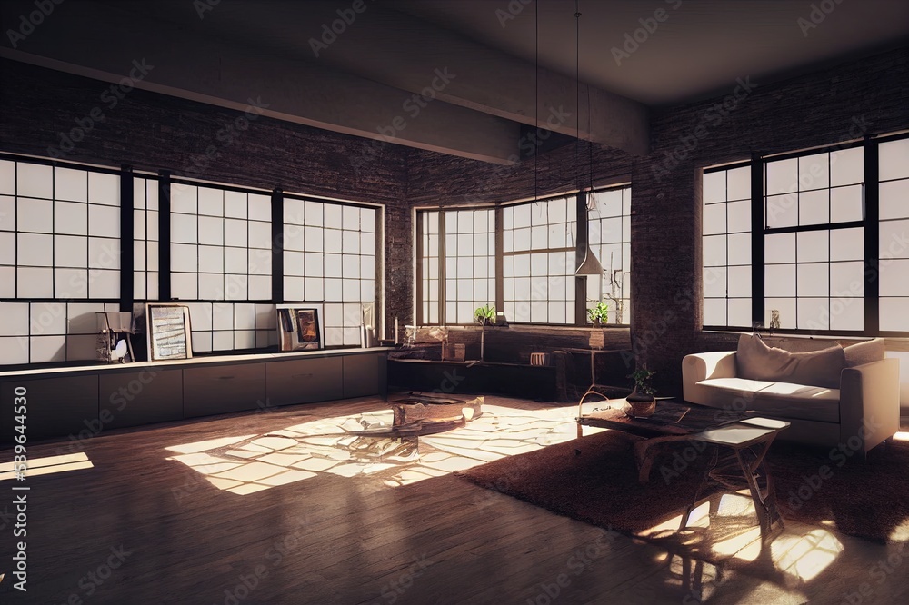 Living room interior in loft, industrial style, 3d render