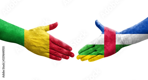 Handshake between Mali and Central African Republic flags painted on hands, isolated transparent image.