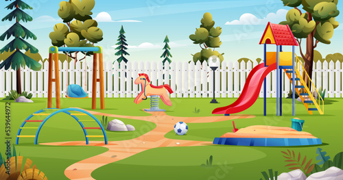 Kids playground with slide, swing, sandbox and toys cartoon landscape